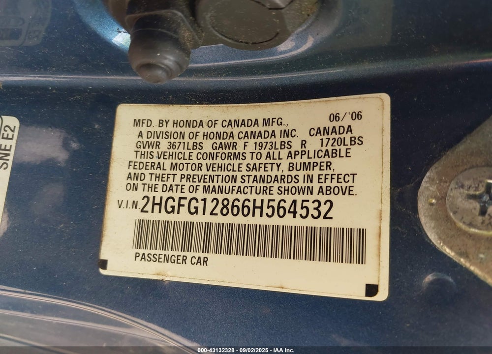 2006 HONDA CIVIC VIN: 2HGFG12866H564532