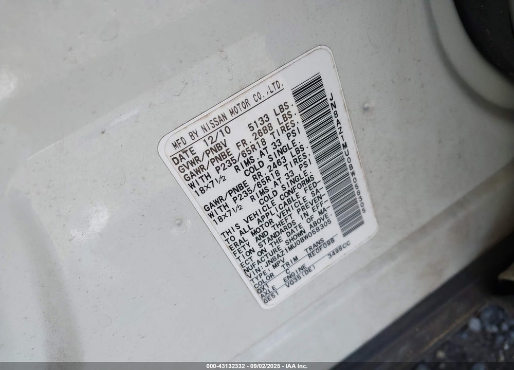 2011 NISSAN MURANO VIN: JN8AZ1MU0BW058305