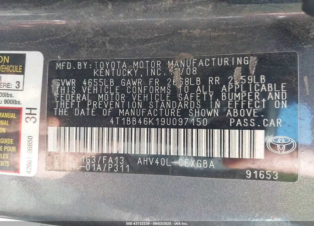 2009 TOYOTA CAMRY HYBRID VIN: 4T1BB46K19U097150
