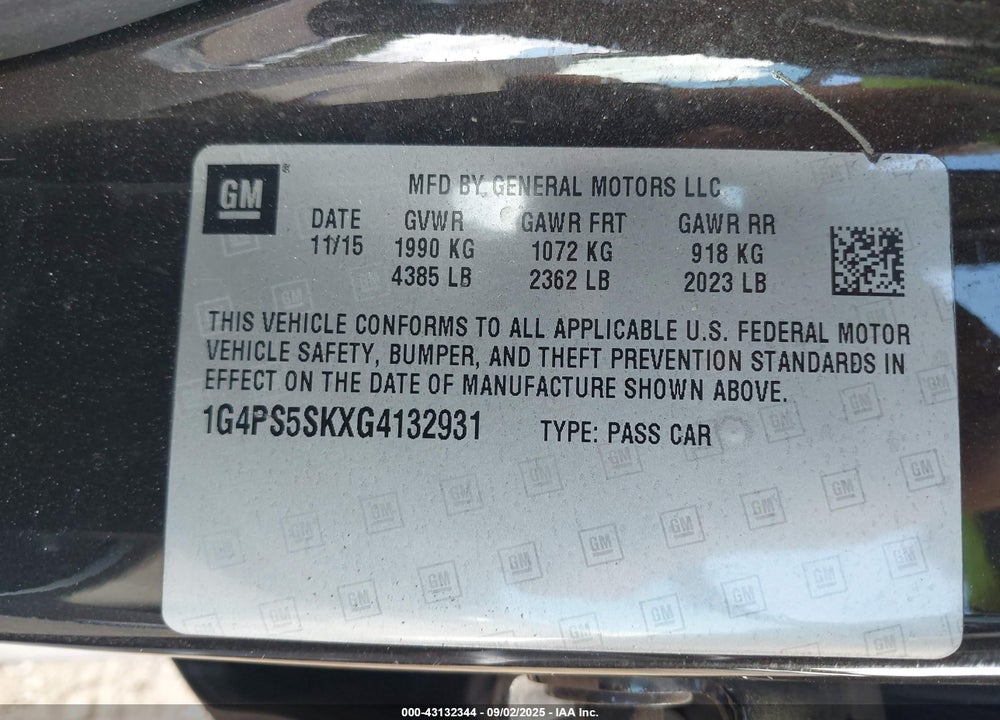 2016 BUICK VERANO VIN: 1G4PS5SKXG4132931