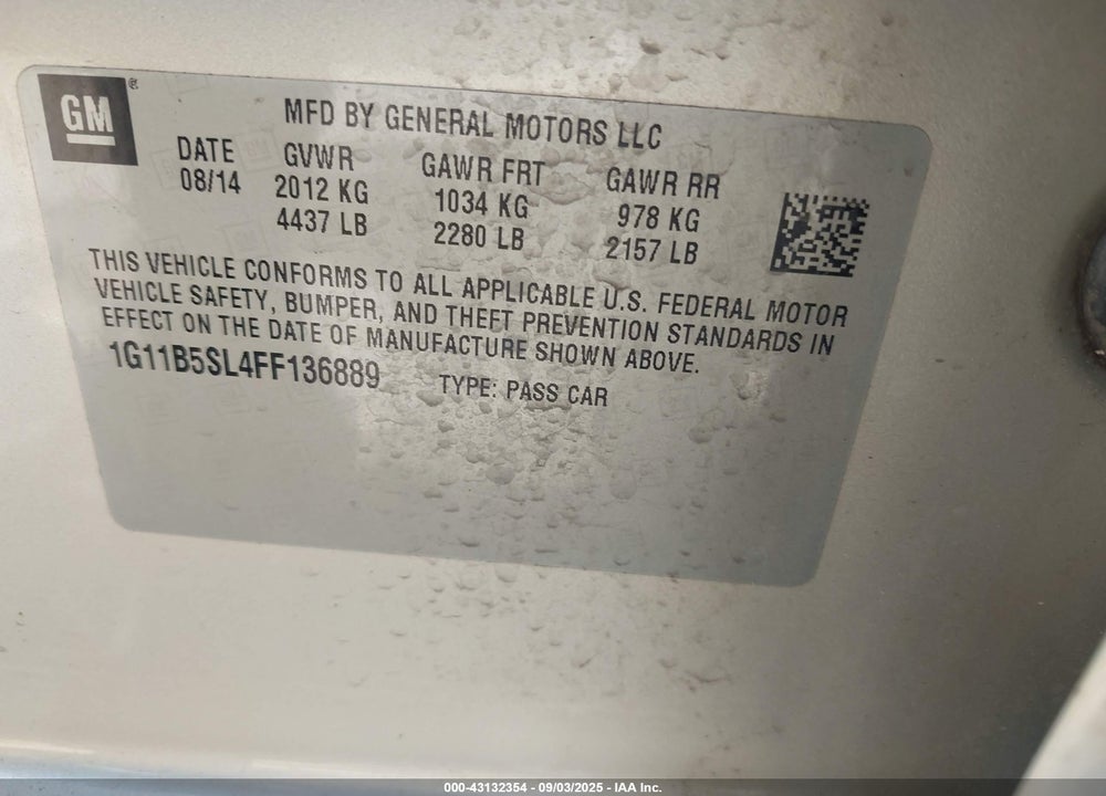 2015 CHEVROLET MALIBU VIN: 1G11B5SL4FF136889