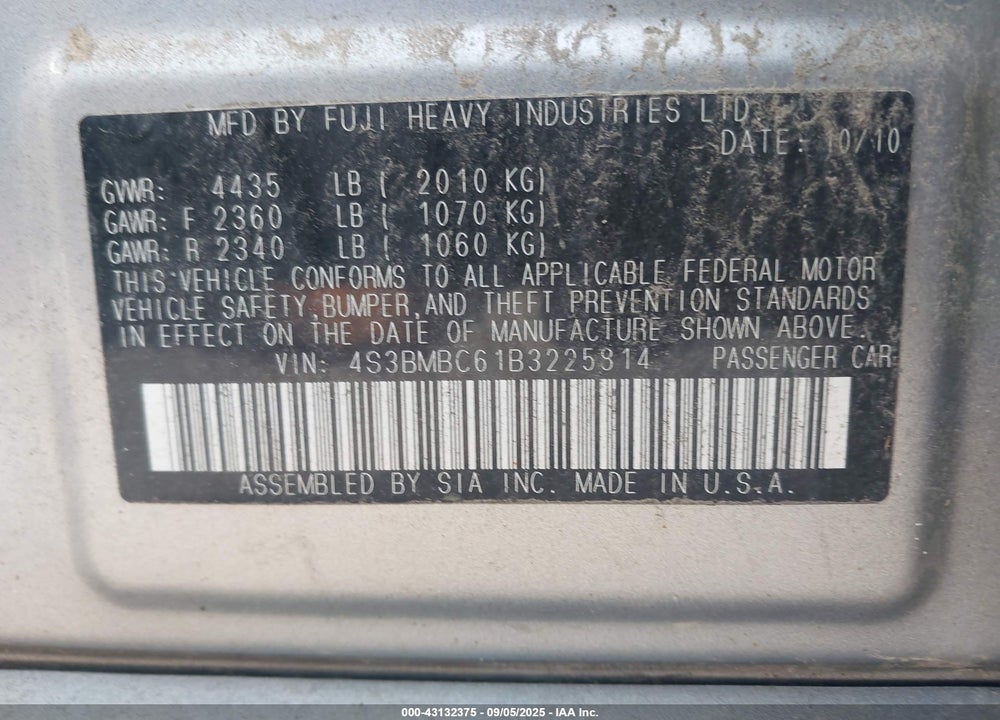 2011 SUBARU LEGACY VIN: 4S3BMBC61B3225814