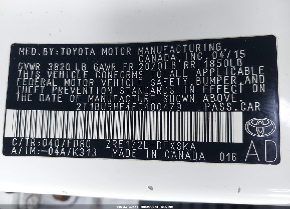 2015 TOYOTA COROLLA VIN: 2T1BURHE4FC400479