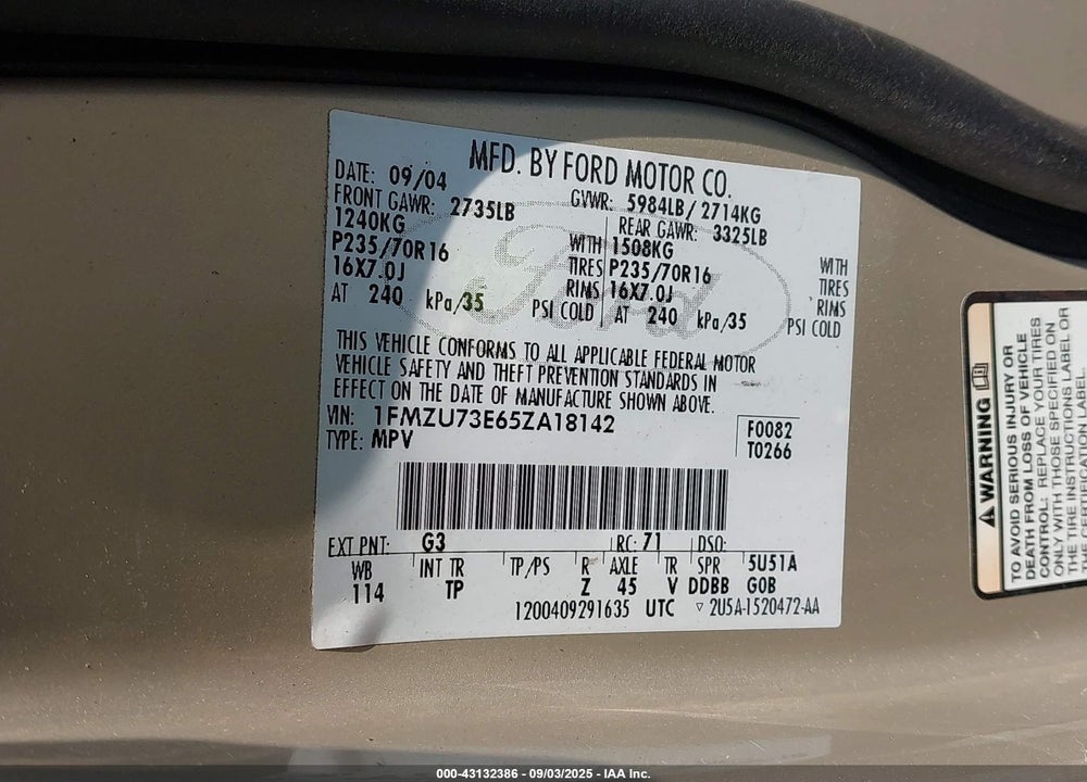 2005 FORD EXPLORER XLT/XLT SPORT VIN: 1FMZU73E65ZA18142