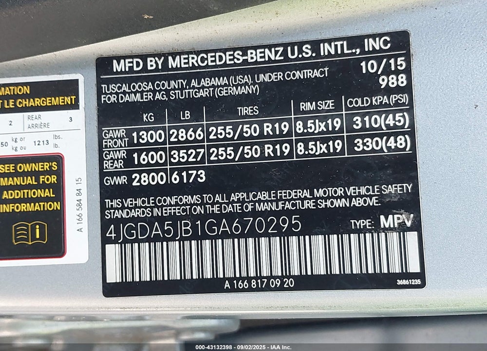2016 MERCEDES-BENZ GLE CLASS VIN: 4JGDA5JB1GA670295