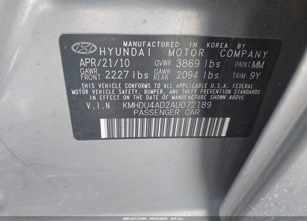 2010 HYUNDAI ELANTRA VIN: KMHDU4AD2AU072189