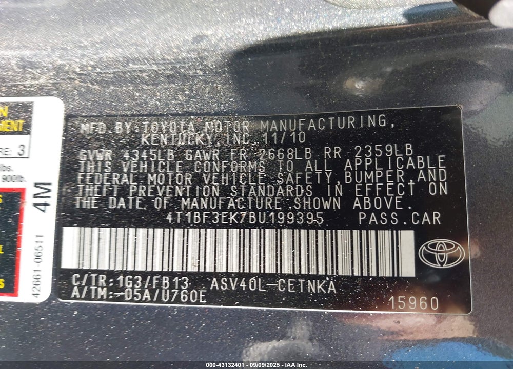 2011 TOYOTA CAMRY VIN: 4T1BF3EK7BU199395
