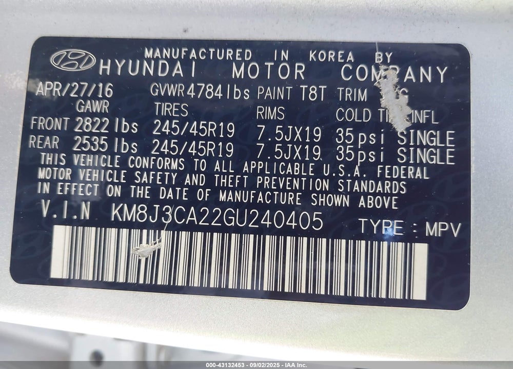 2016 HYUNDAI TUCSON SPORT VIN: KM8J3CA22GU240405