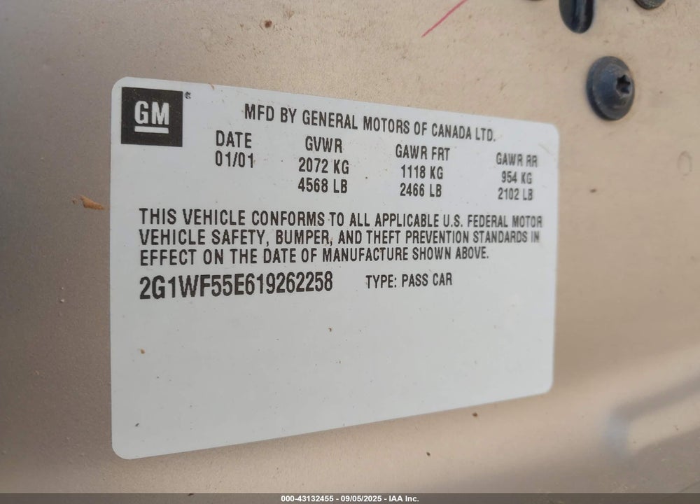 2001 CHEVROLET IMPALA VIN: 2G1WF55E619262258