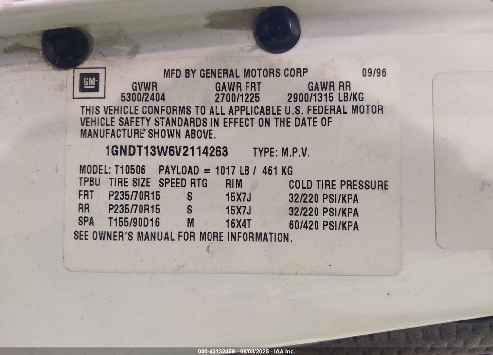 1997 CHEVROLET BLAZER LS VIN: 1GNDT13W6V2114263