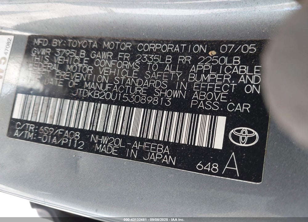 2005 TOYOTA PRIUS VIN: JTDKB20U153089813