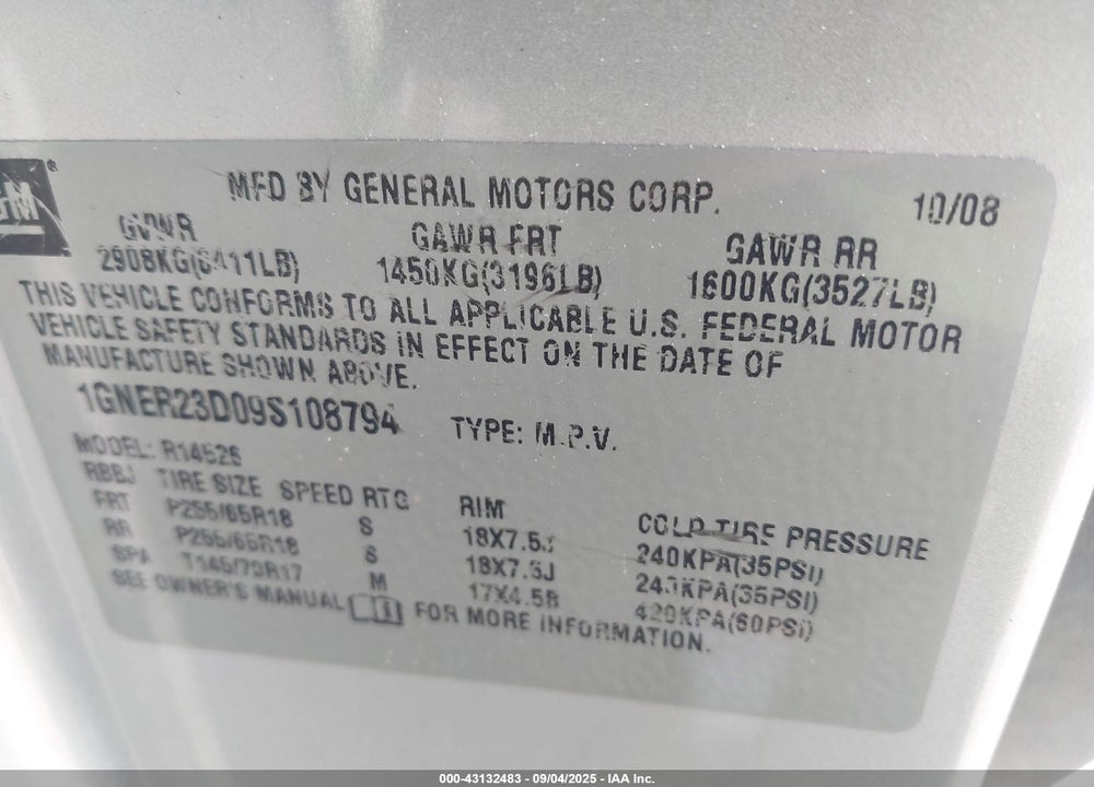 2009 CHEVROLET TRAVERSE VIN: 1GNER23D09S108794
