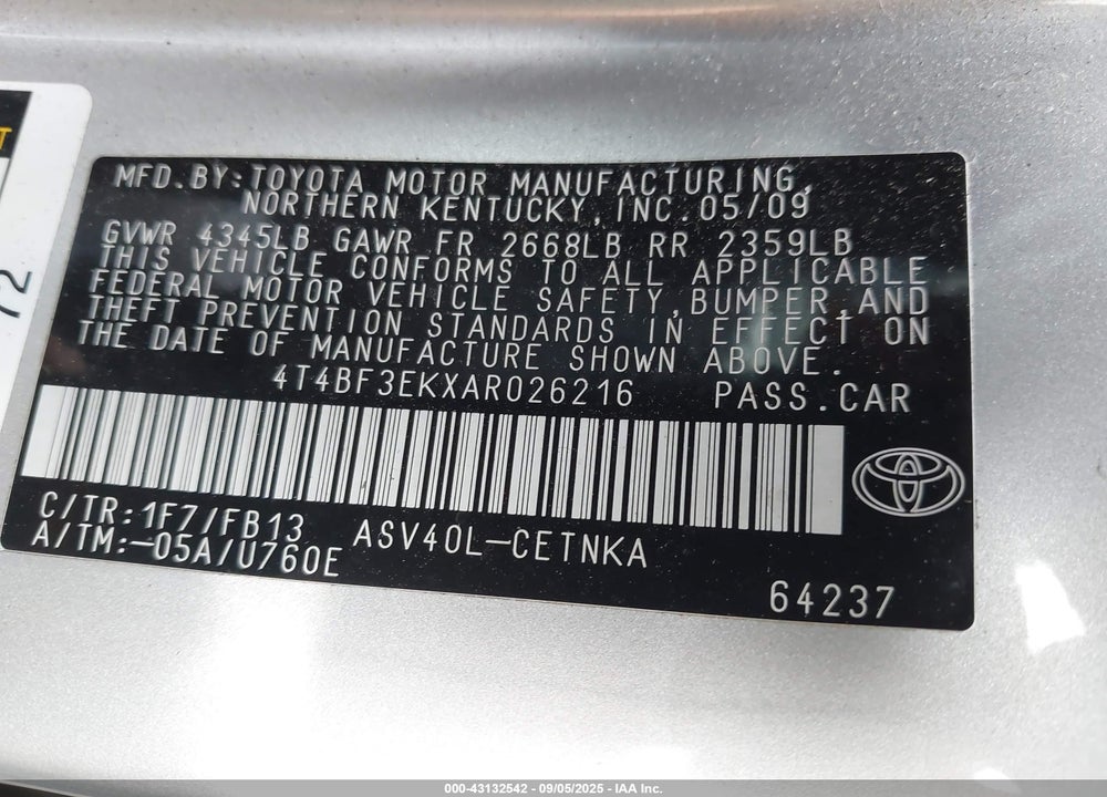 2010 TOYOTA CAMRY VIN: 4T4BF3EKXAR026216