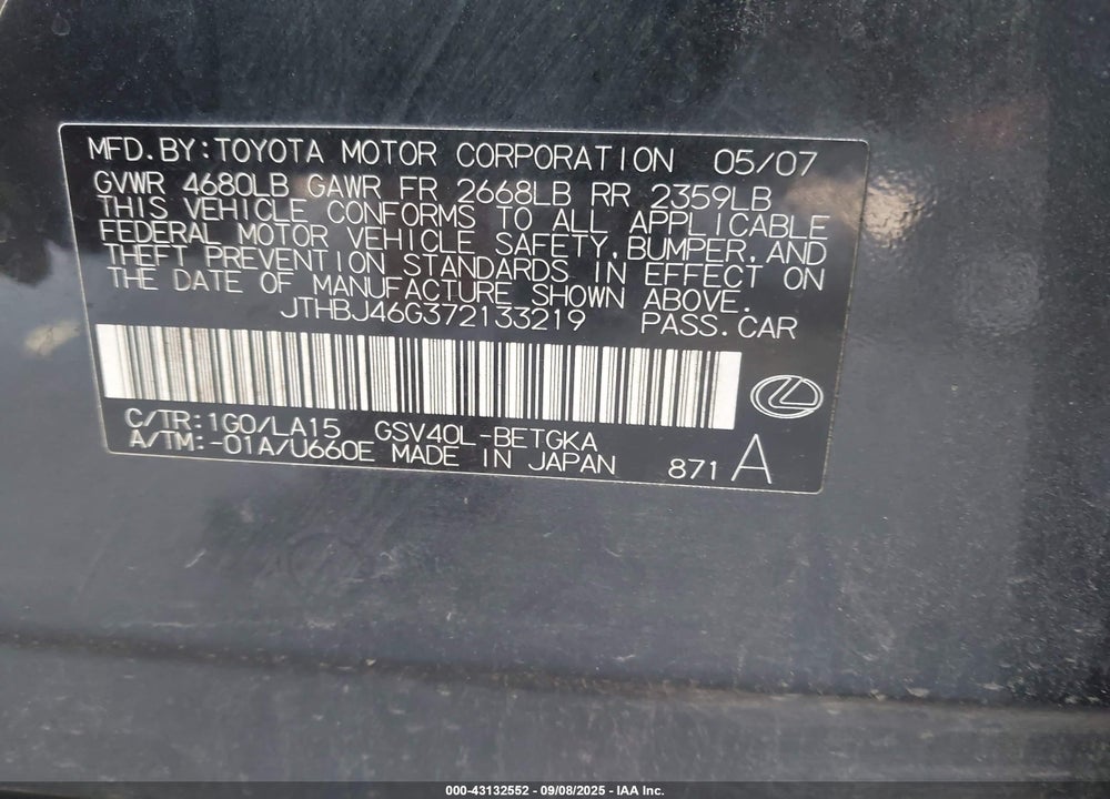 2007 LEXUS ES 350 VIN: JTHBJ46G372133219