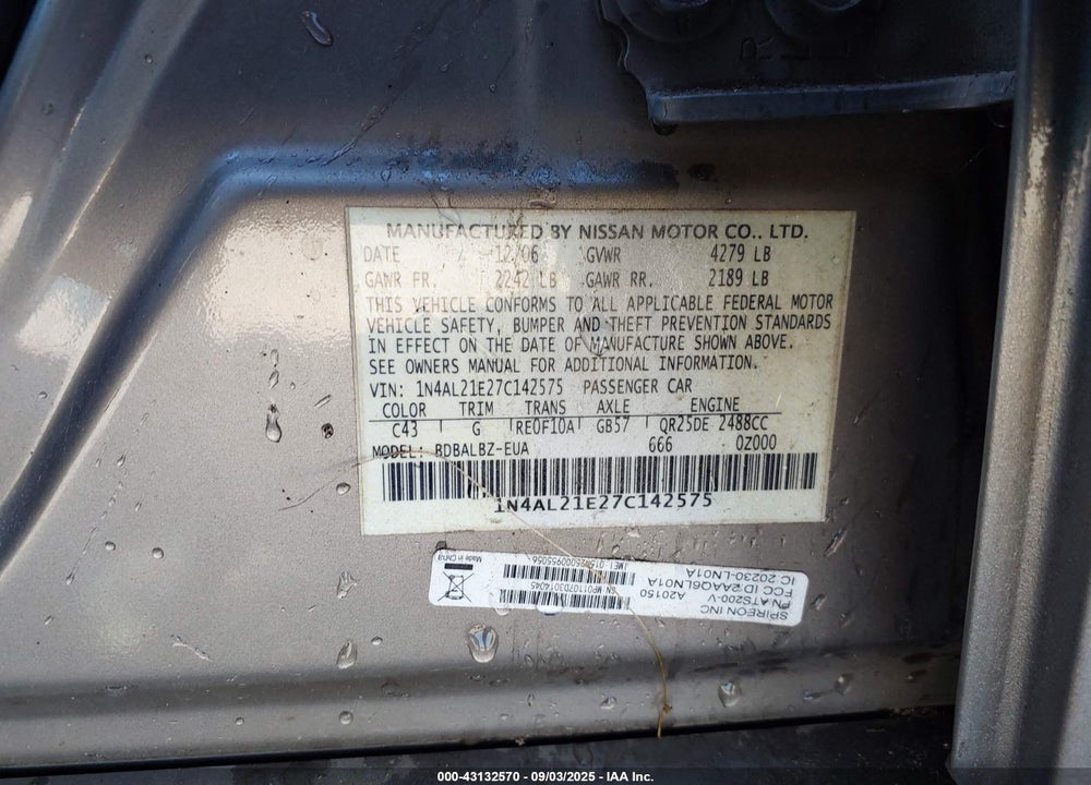 2007 NISSAN ALTIMA 2.5 S VIN: 1N4AL21E27C142575
