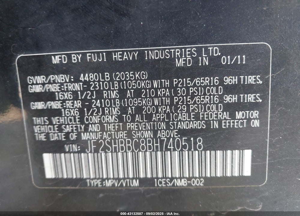 2011 SUBARU FORESTER 2.5X VIN: JF2SHBBC8BH740518