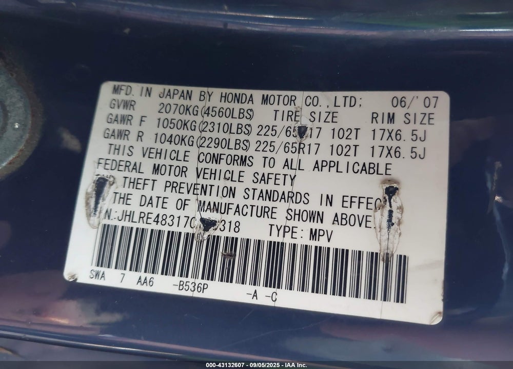 2007 HONDA CR-V VIN: JHLRE48317C109318
