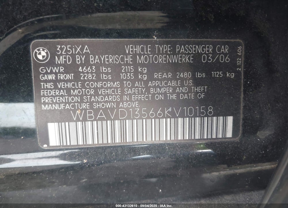 2006 BMW 3 SERIES VIN: WBAVD13566KV10158