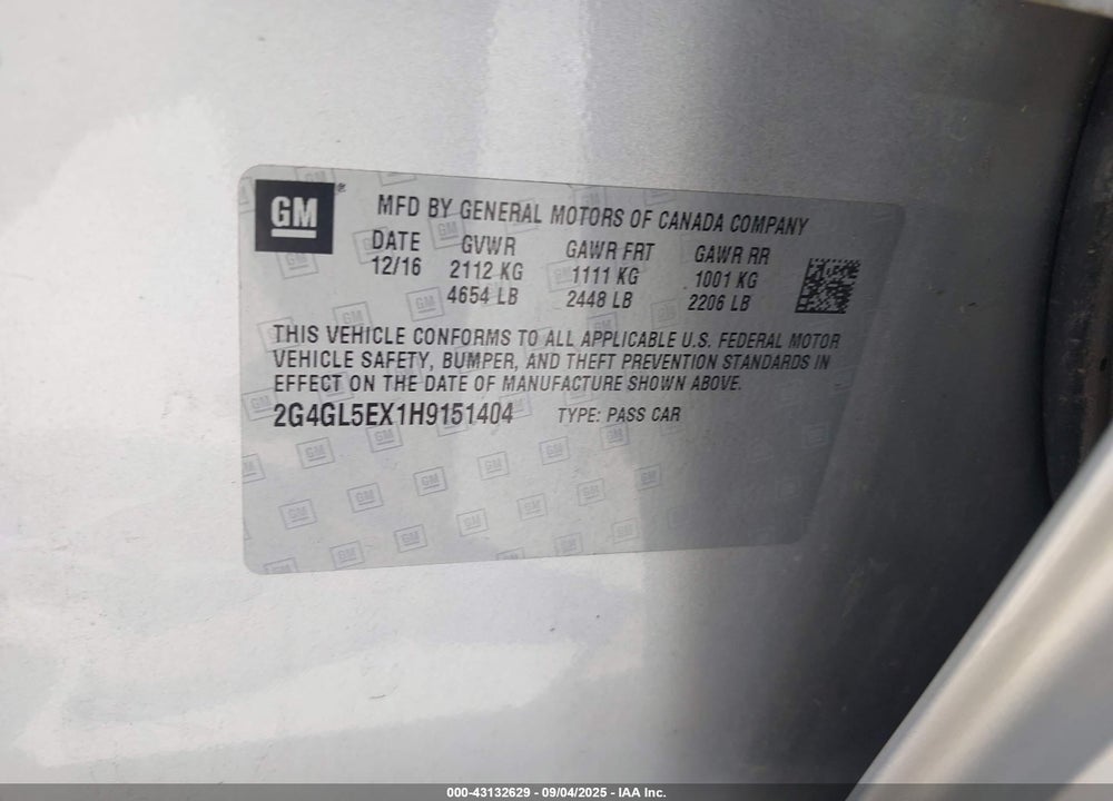 2017 BUICK REGAL VIN: 2G4GL5EX1H9151404