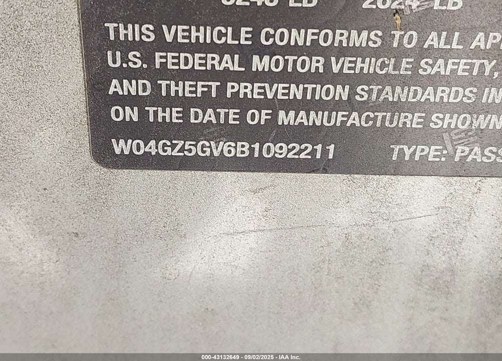 2011 BUICK REGAL VIN: W04GZ5GV6B1092211