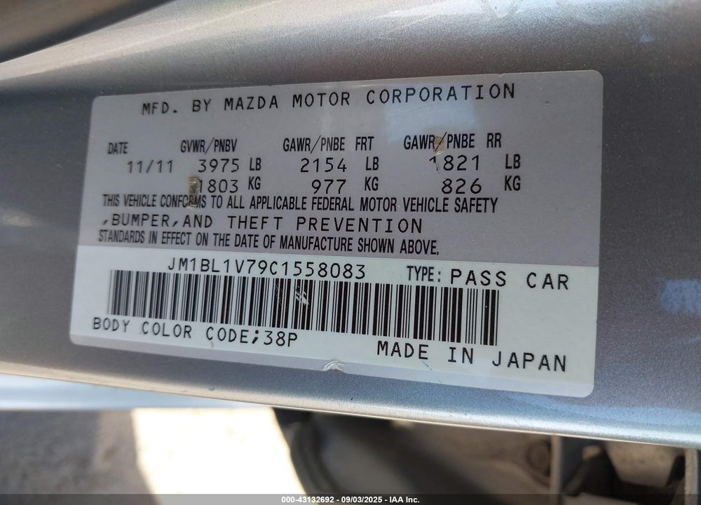 2012 MAZDA 3 VIN: JM1BL1V79C1558083