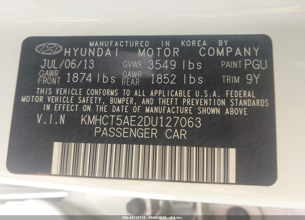 2013 HYUNDAI ACCENT VIN: KMHCT5AE2DU127063