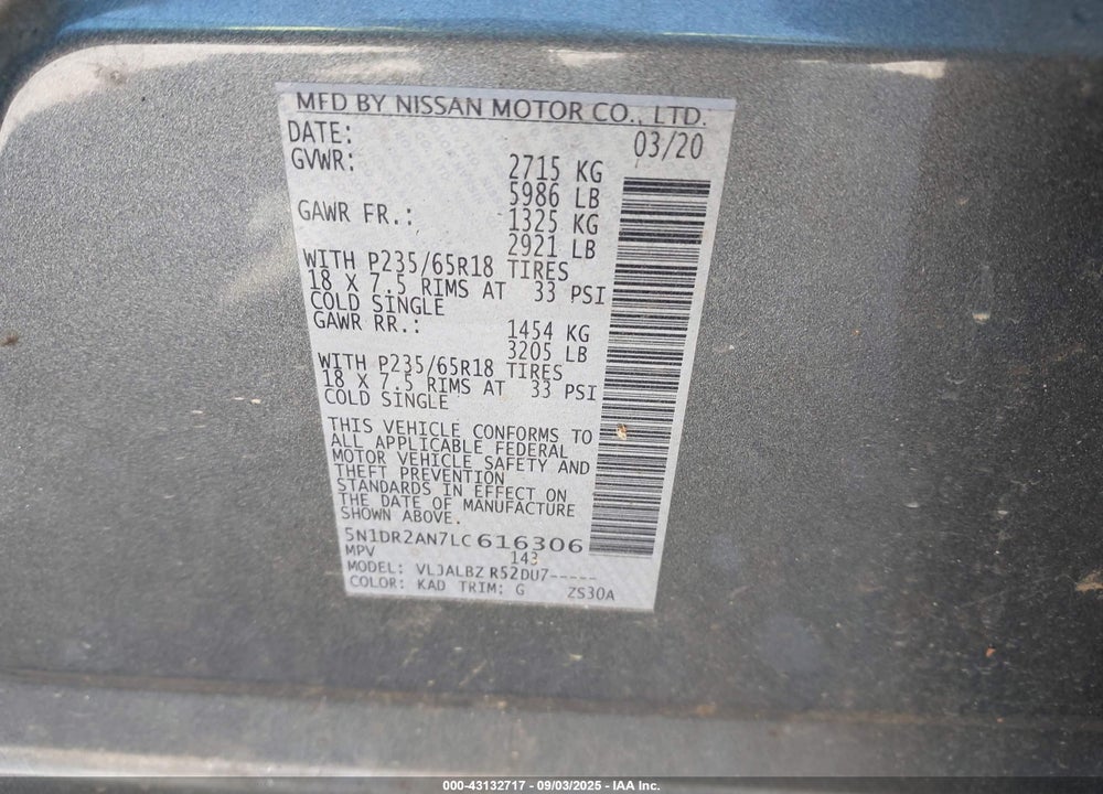 2020 NISSAN PATHFINDER S 2WD VIN: 5N1DR2AN7LC616306