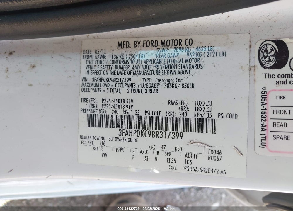 2011 FORD FUSION VIN: 3FAHP0KC9BR317399
