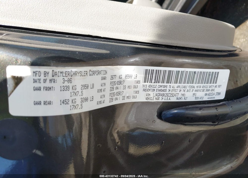 2006 JEEP GRAND CHEROKEE LAREDO VIN: 1J4GR48K26C292477