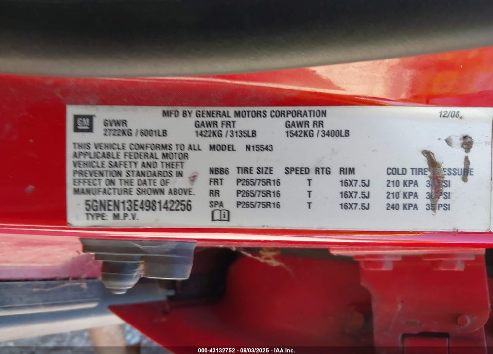 2009 HUMMER H3 VIN: 5GNEN13E498142256