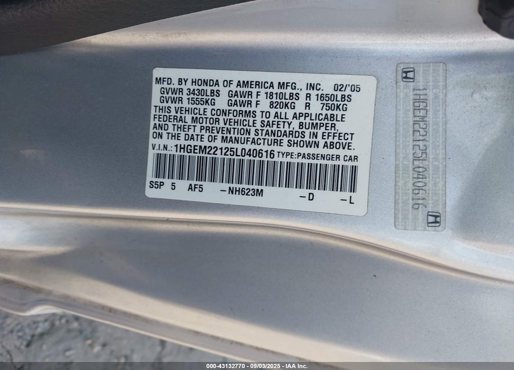 2005 HONDA CIVIC VP VIN: 1HGEM22125L040616