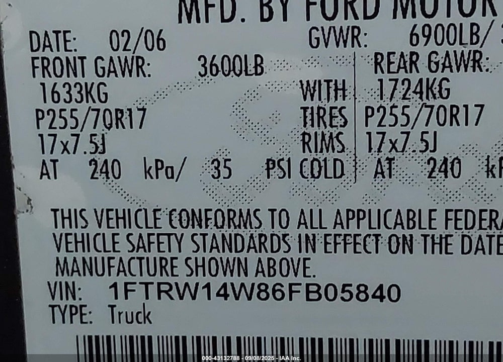 2006 FORD F-150 XLT VIN: 1FTRW14W86FB05840