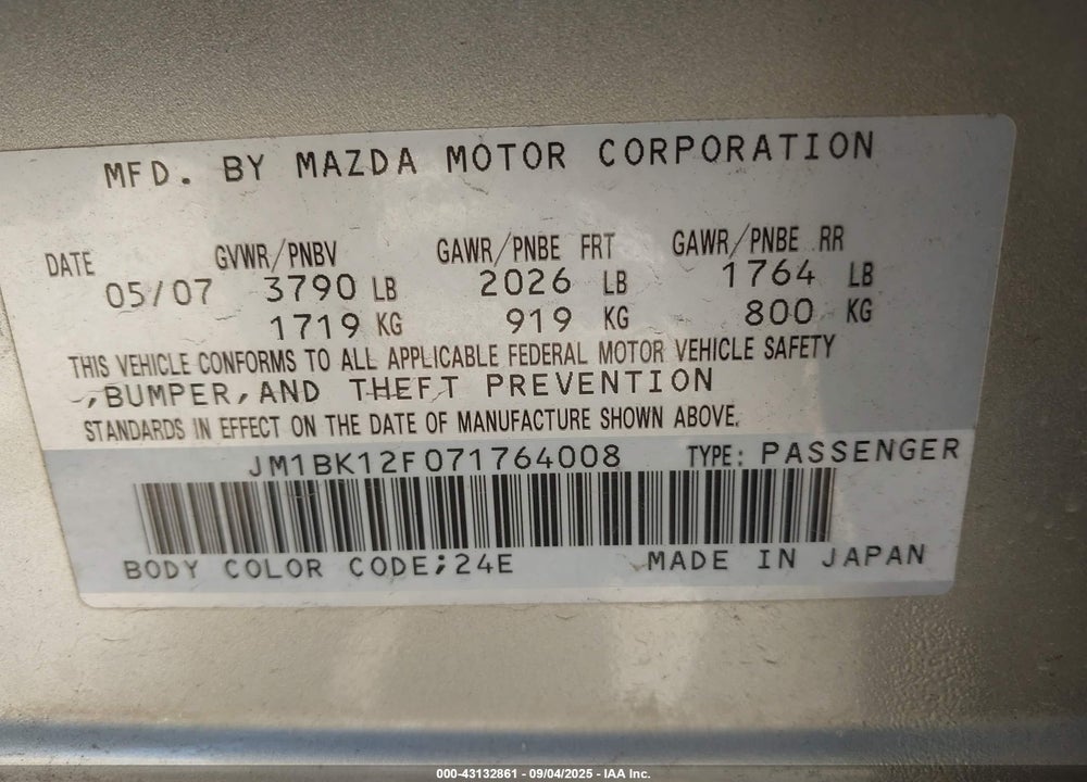 2007 MAZDA 3 I SPORT VIN: JM1BK12F071764008