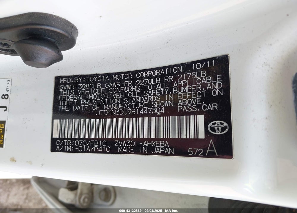 2011 TOYOTA PRIUS VIN: JTDKN3DU9B1447304