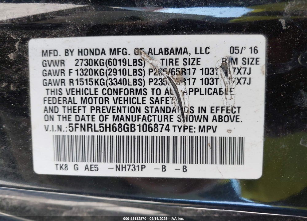 2016 HONDA ODYSSEY VIN: 5FNRL5H68GB106874