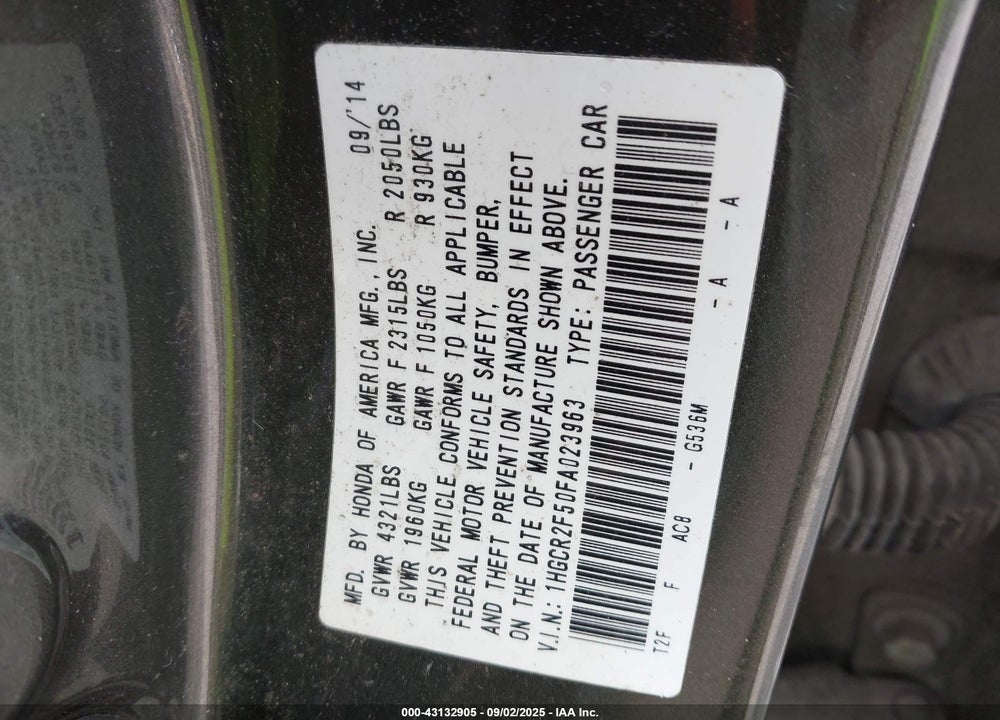 2015 HONDA ACCORD VIN: 1HGCR2F50FA023963