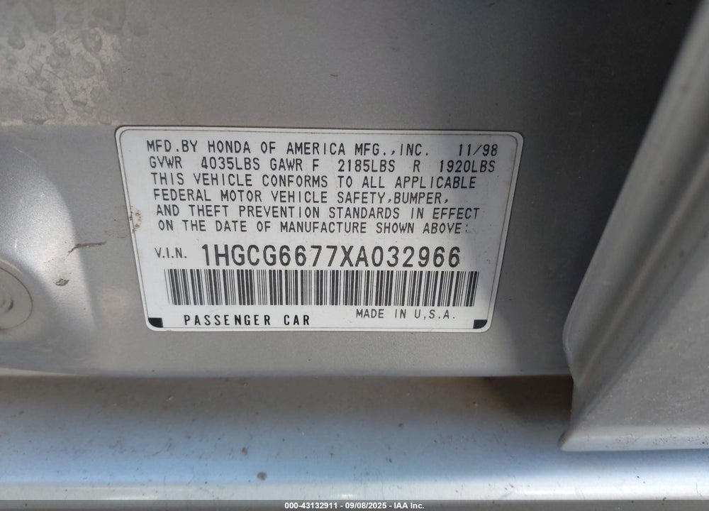 1999 HONDA ACCORD EX VIN: 1HGCG6677XA032966