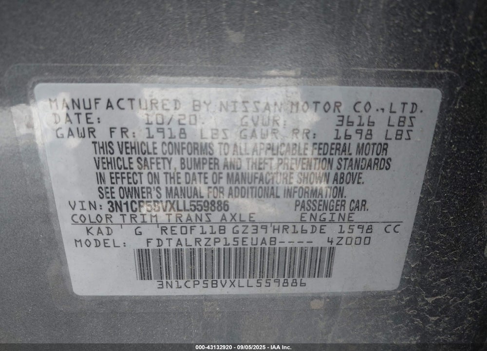 2020 NISSAN KICKS S XTRONIC CVT VIN: 3N1CP5BVXLL559886