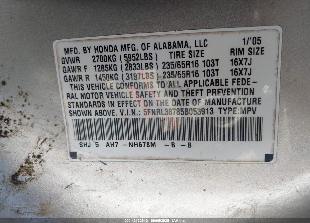2005 HONDA ODYSSEY EX-L VIN: 5FNRL38785B053913