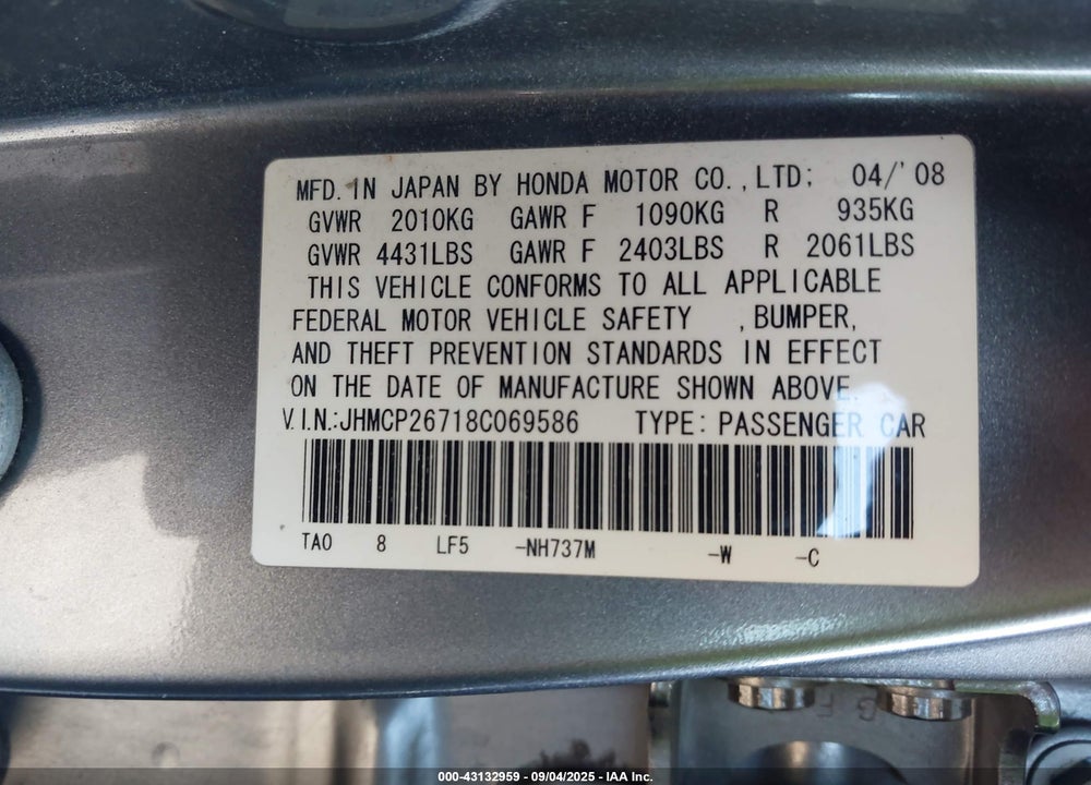 2008 HONDA ACCORD 2.4 EX VIN: JHMCP26718C069586