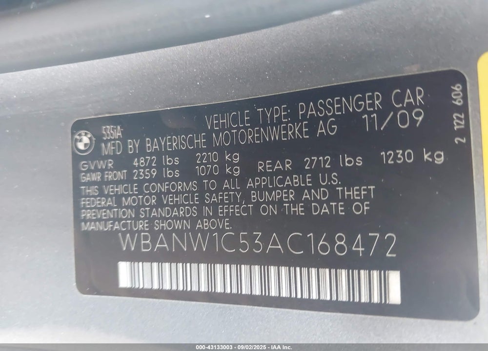 2010 BMW 5 SERIES VIN: WBANW1C53AC168472
