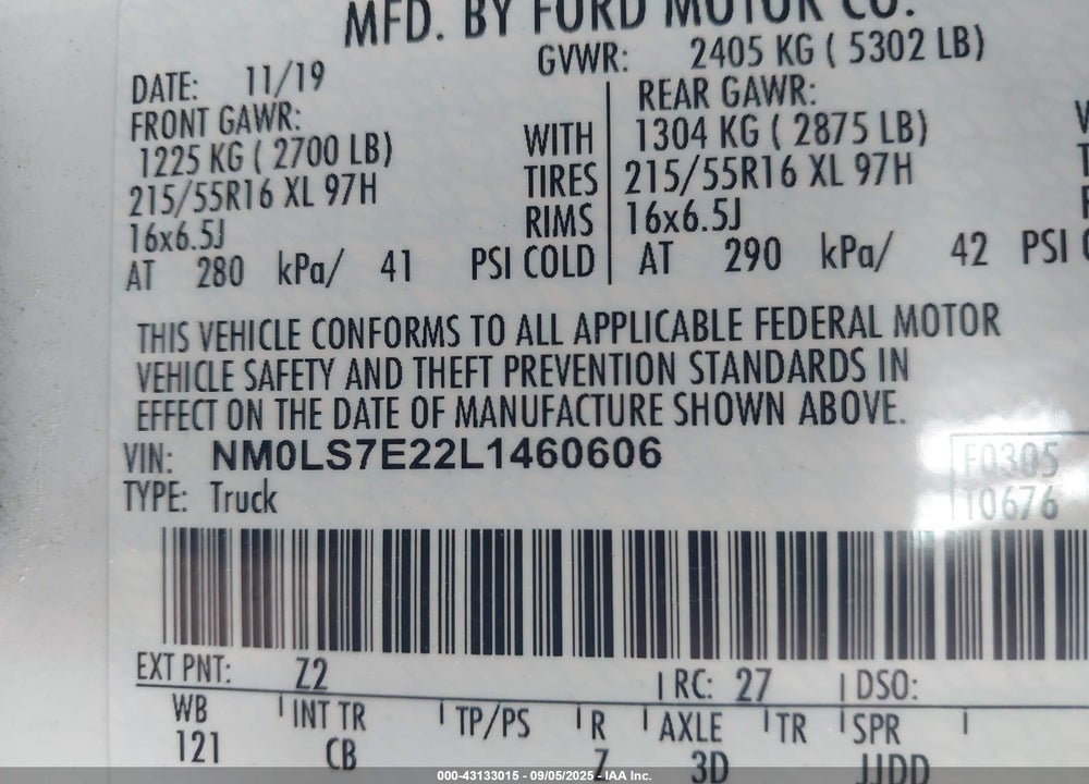 2020 FORD TRANSIT CONNECT XL VIN: NM0LS7E22L1460606
