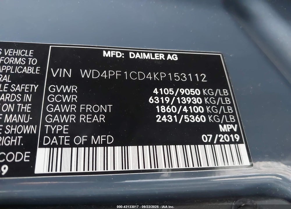 2019 MERCEDES-BENZ SPRINTER 2500 HIGH ROOF V6 VIN: WD4PF1CD4KP153112