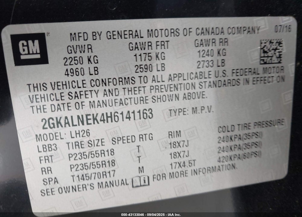 2017 GMC TERRAIN VIN: 2GKALNEK4H6141163
