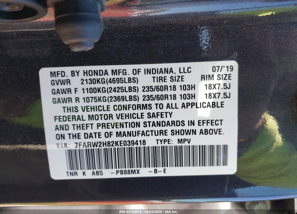 2019 HONDA CR-V EX-L VIN: 7FARW2H82KE039418