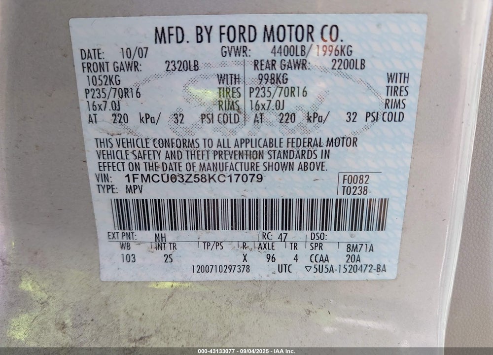 2008 FORD ESCAPE XLT VIN: 1FMCU03Z58KC17079