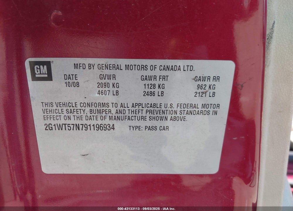 2009 CHEVROLET IMPALA VIN: 2G1WT57N791196934