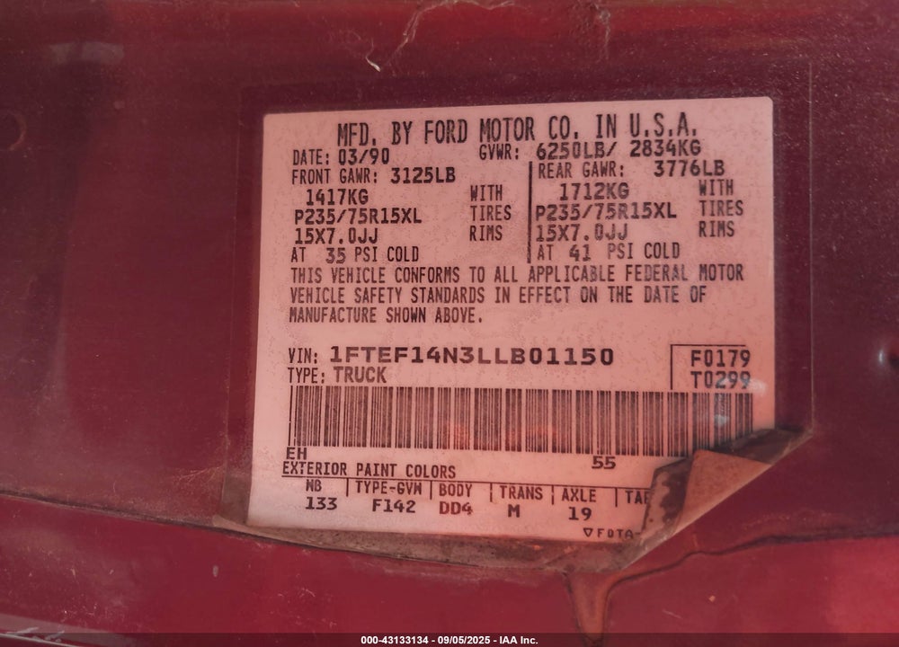 1990 FORD F150 VIN: 1FTEF14N3LLB01150