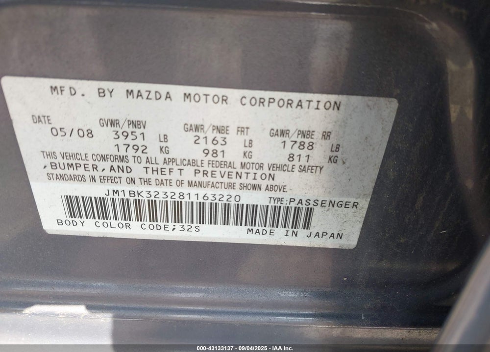 2008 MAZDA 3 S GRAND TOURING VIN: JM1BK323281163220