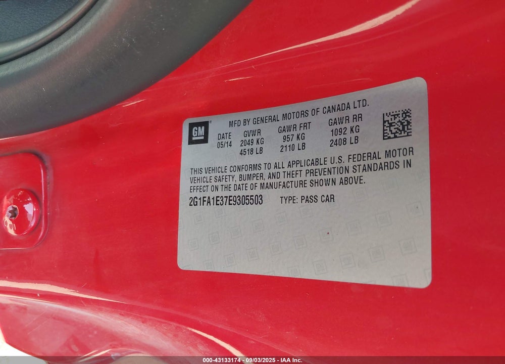 2014 CHEVROLET CAMARO VIN: 2G1FA1E37E9305503